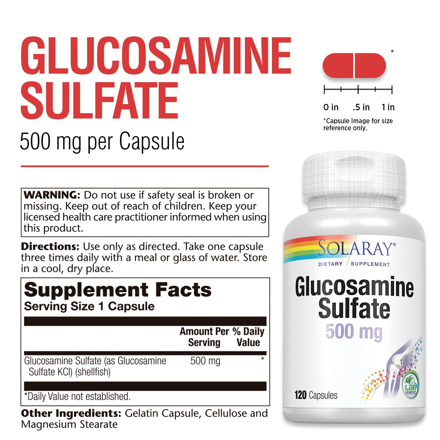 SOLARAY glucosamine sulfate 500 mg packaging on shelf showing trusted brand