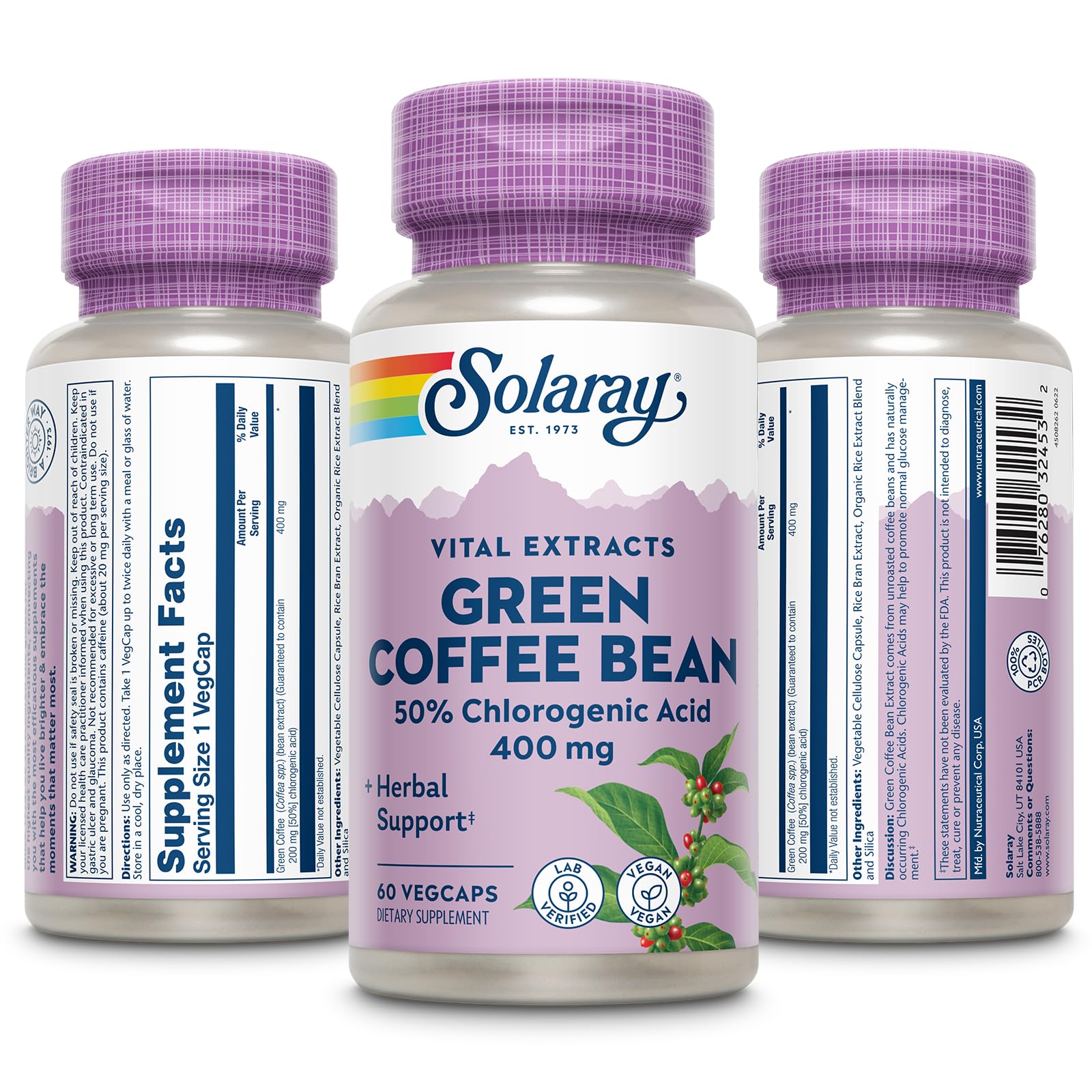 SOLARAY Green Coffee Bean Extract capsules close-up, convenient veggie caps for everyday use.