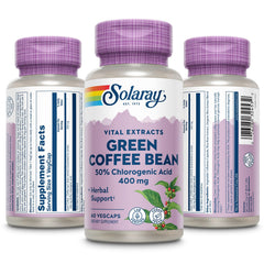 SOLARAY Green Coffee Bean Extract capsules close-up, convenient veggie caps for everyday use.