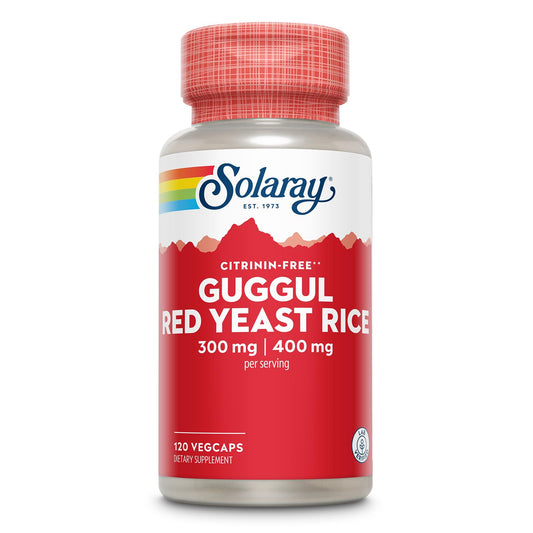 SOLARAY guggul gum extract red yeast rice bottle cap: non-irradiated and citrinin-screened.