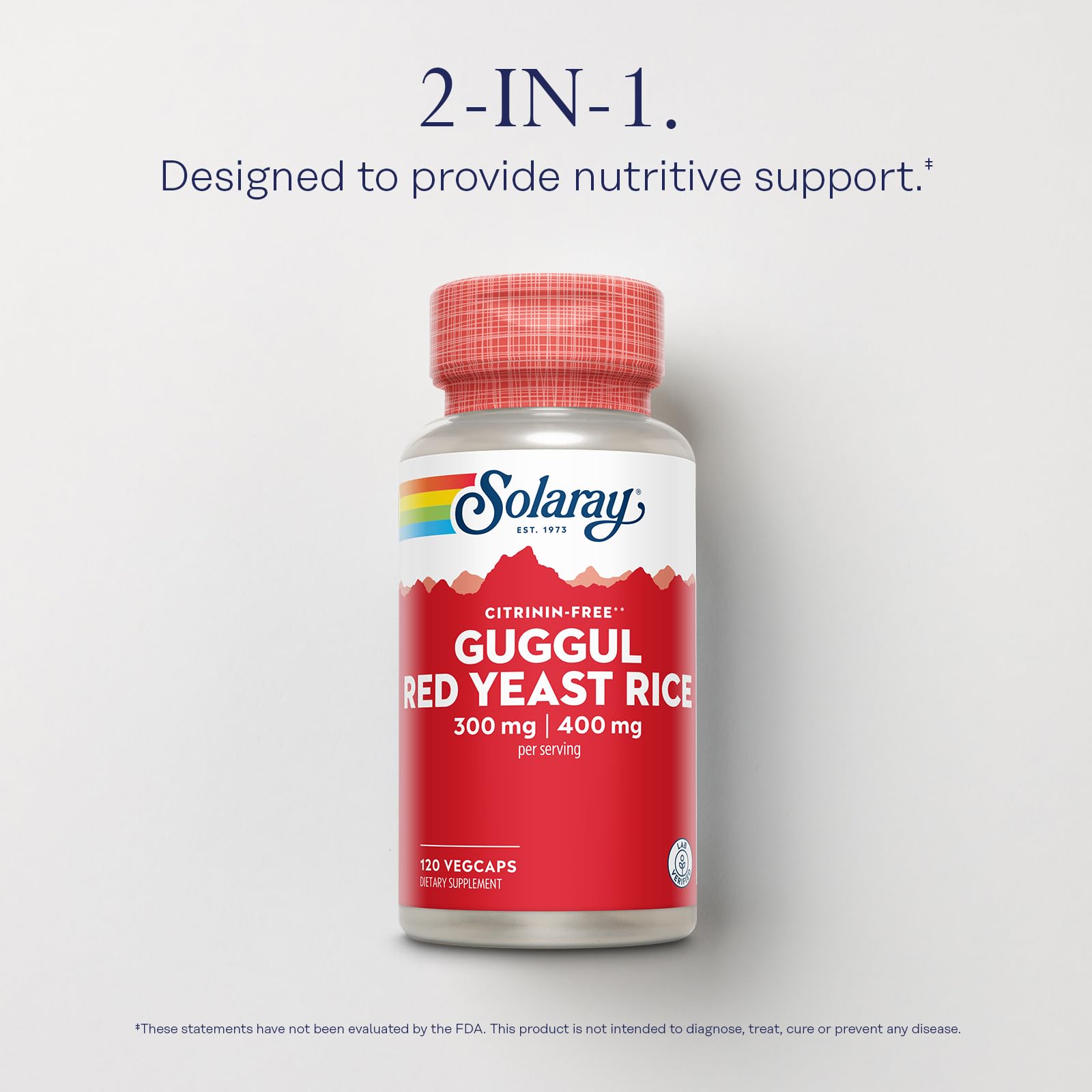 SOLARAY guggul-red-yeast-rice capsules closeup: vegan VegCap formula.