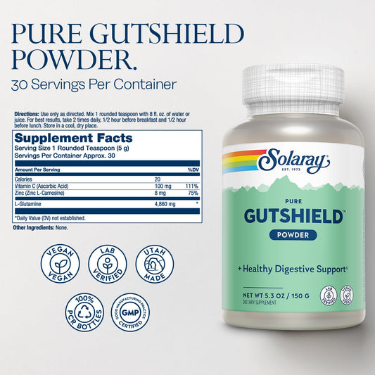 SOLARAY Gutshield powder label closeup highlights L-Glutamine, zinc, and vitamin C for digestive support.