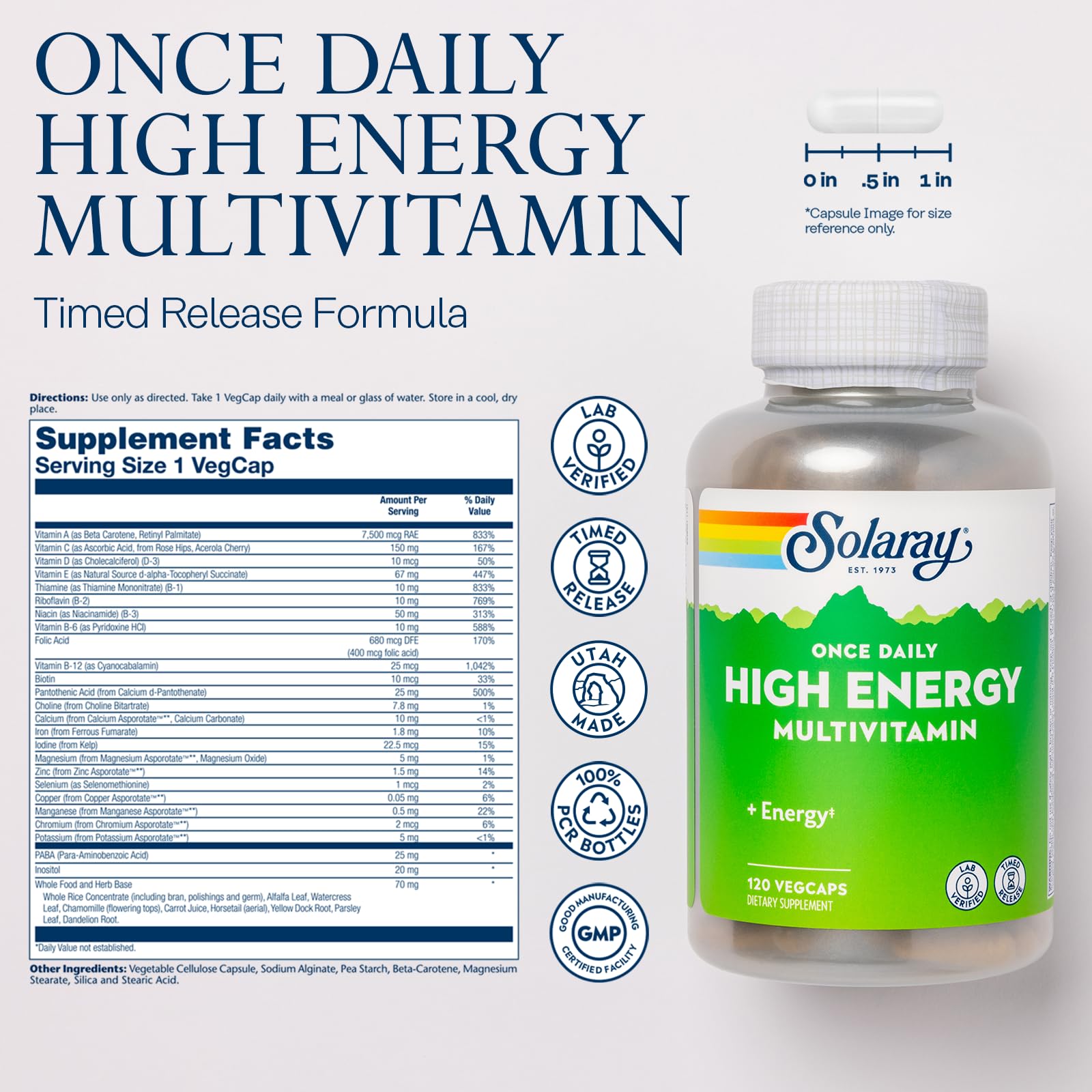 Solaray multivitamin capsules close-up showing easy-to-take veggie capsules for daily wellness.