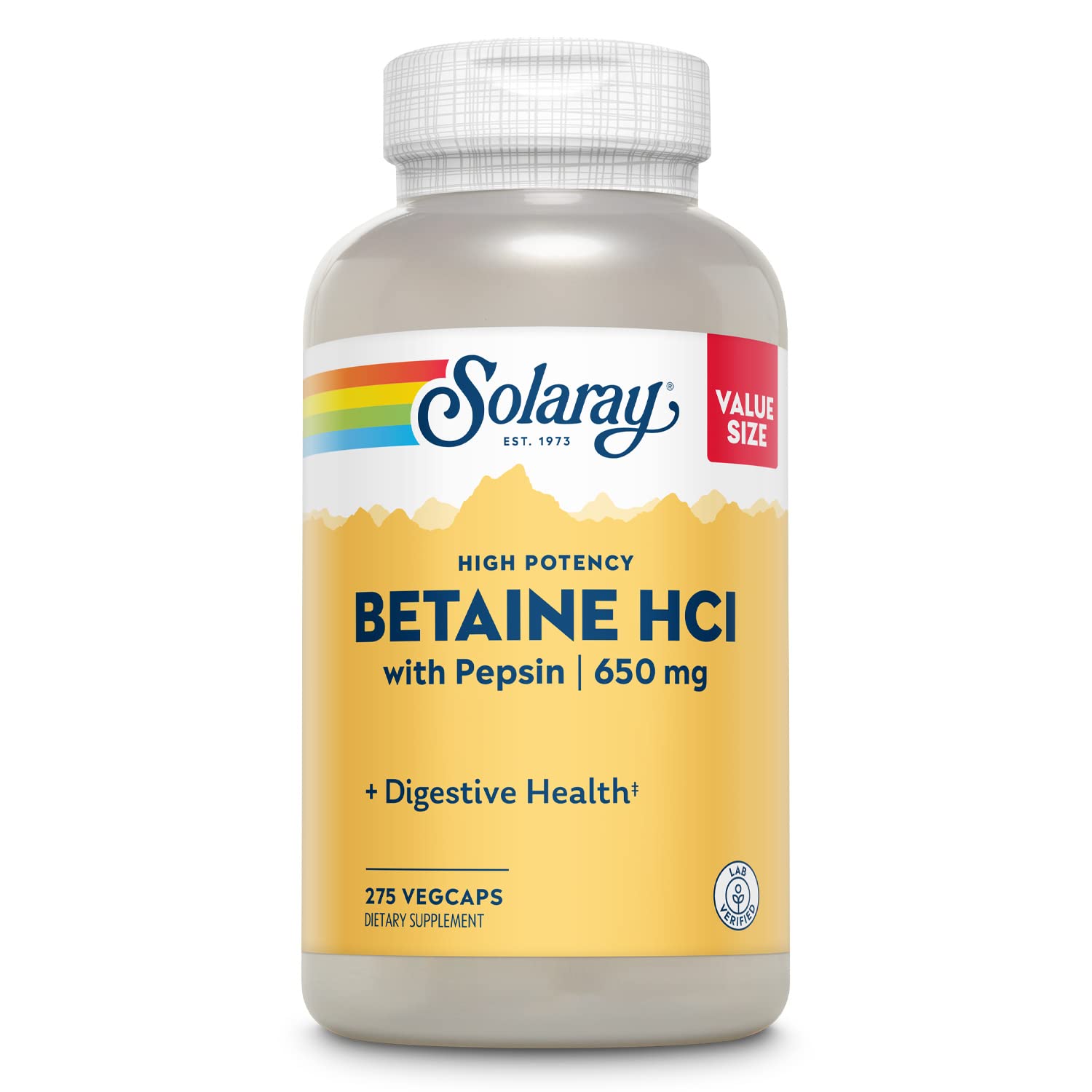 Solaray High Potency Betaine HCl with Pepsin bottle showing digestive strength