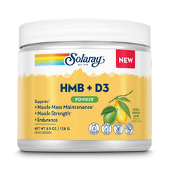SOLARAY HMB Plus D3 bottle label showing vegan and gluten-free formula for bone and muscle support