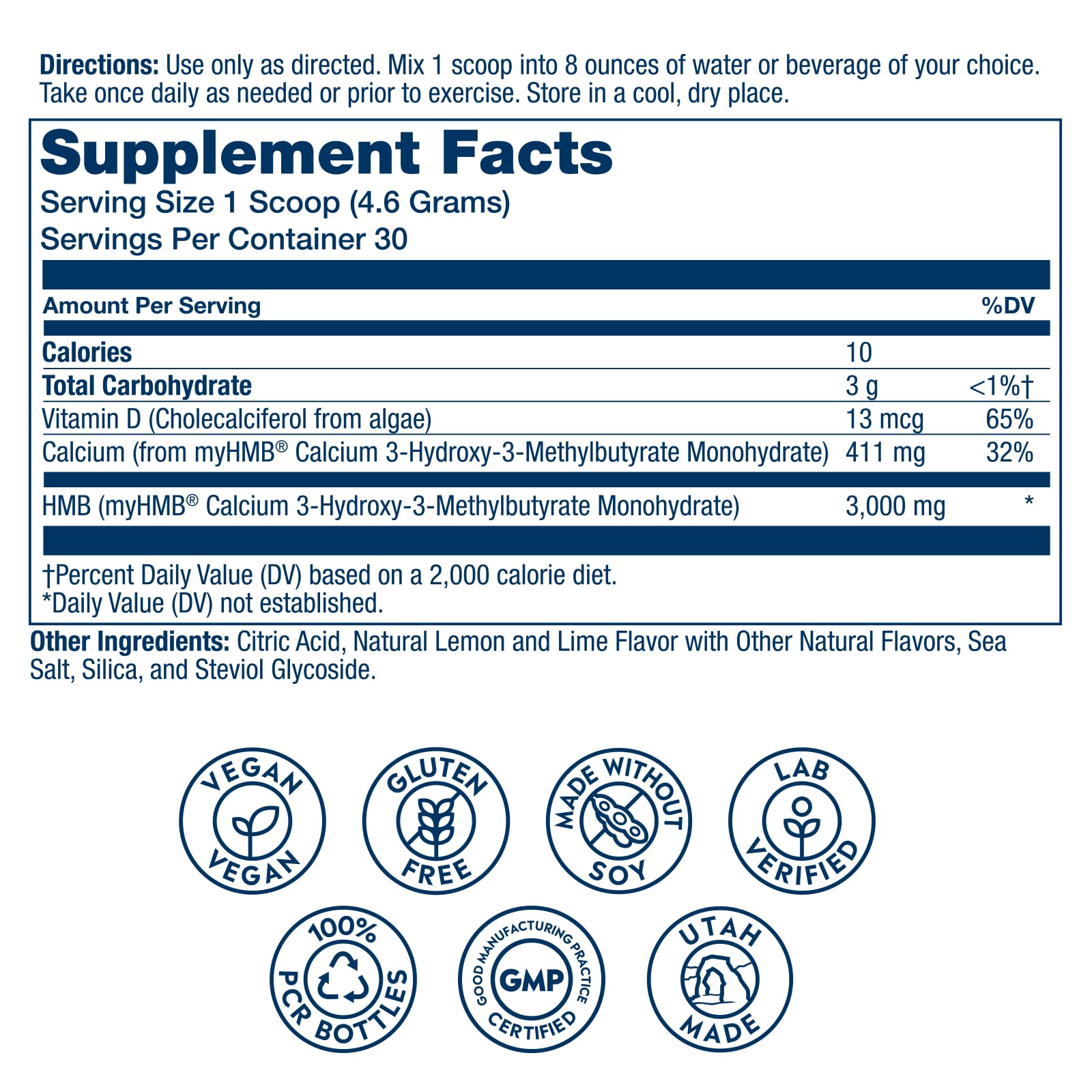 SOLARAY HMB Plus D3 powder measure indicating precise dosing for post-workout recovery and endurance