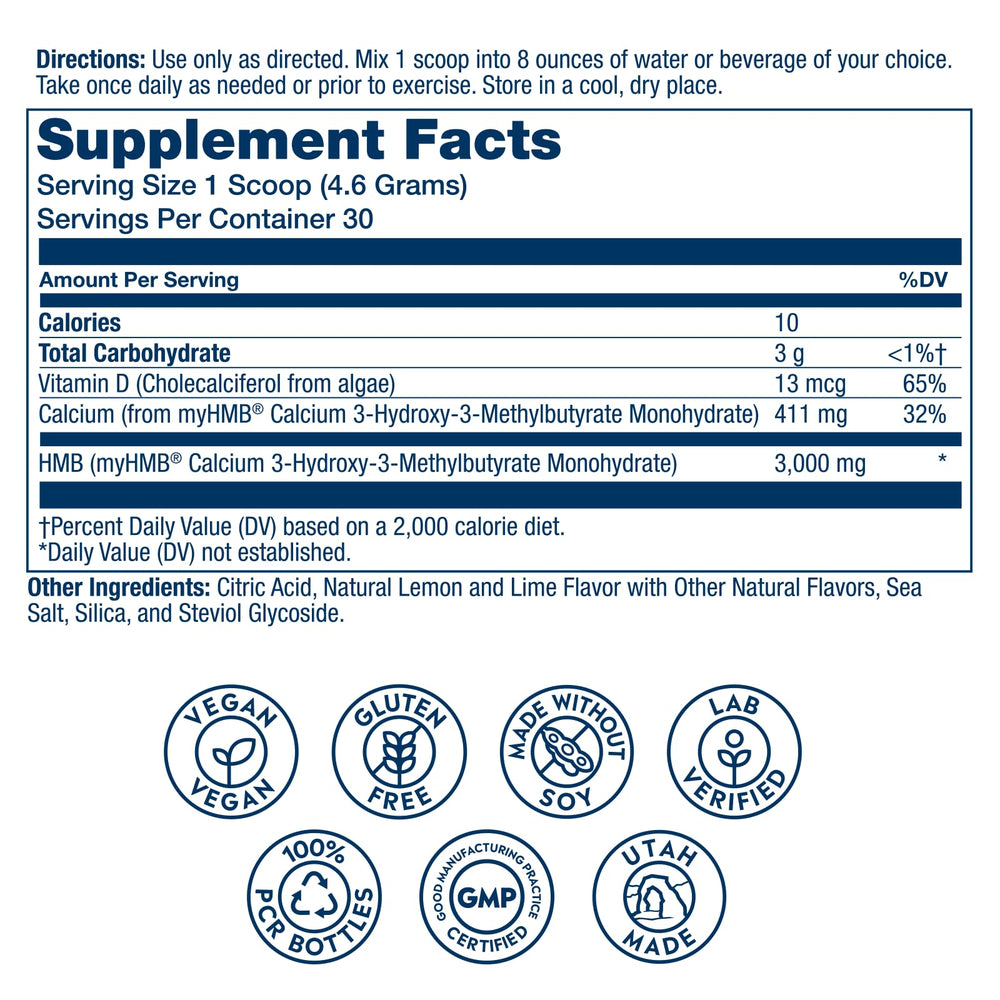 SOLARAY HMB Plus D3 powder measure indicating precise dosing for post-workout recovery and endurance