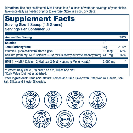 SOLARAY HMB Plus D3 powder measure indicating precise dosing for post-workout recovery and endurance