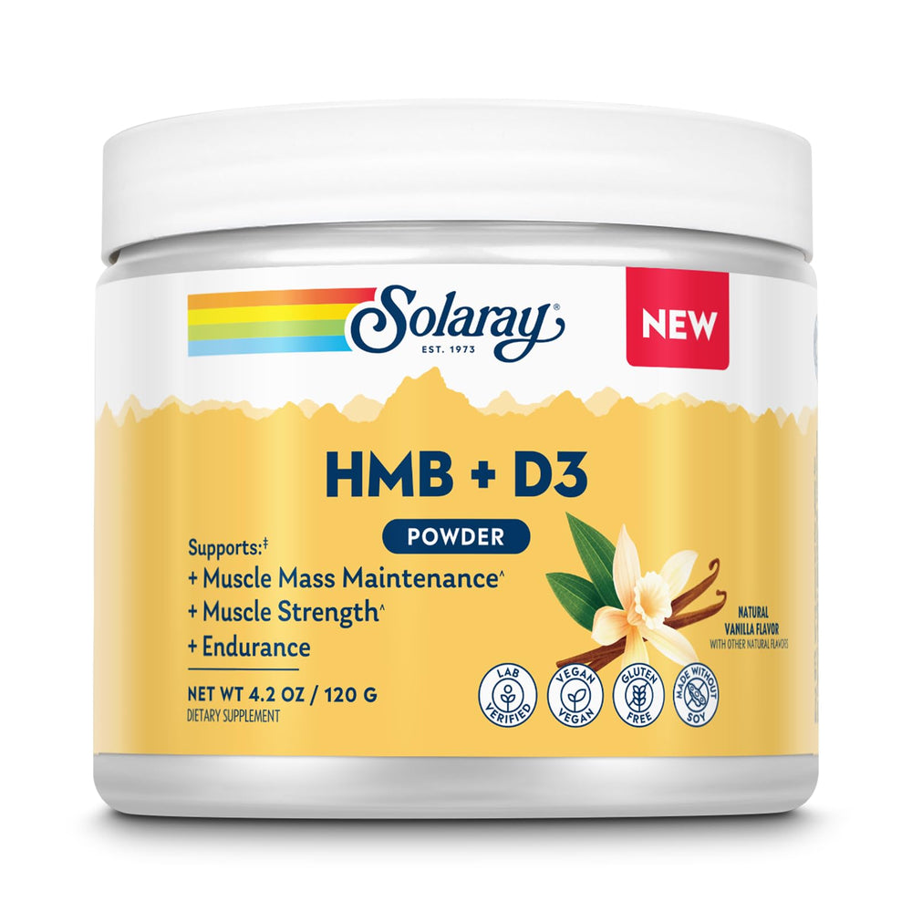 SOLARAY HMB Plus D3 vanilla bottle highlights daily strength support