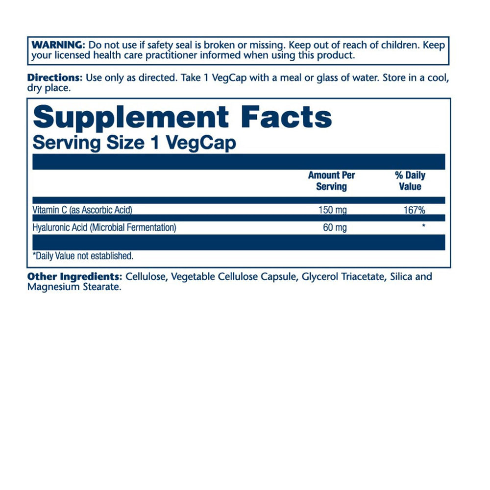 SOLARAY Hyaluronic Acid Triple Strength bottle label highlighting Vitamin C content