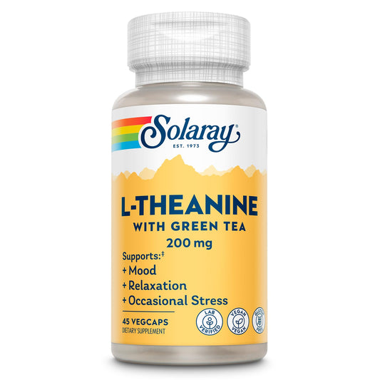 SOLARAY L-Theanine 200mg capsules showcased for calm mood support in a vegan, gluten-free formula
