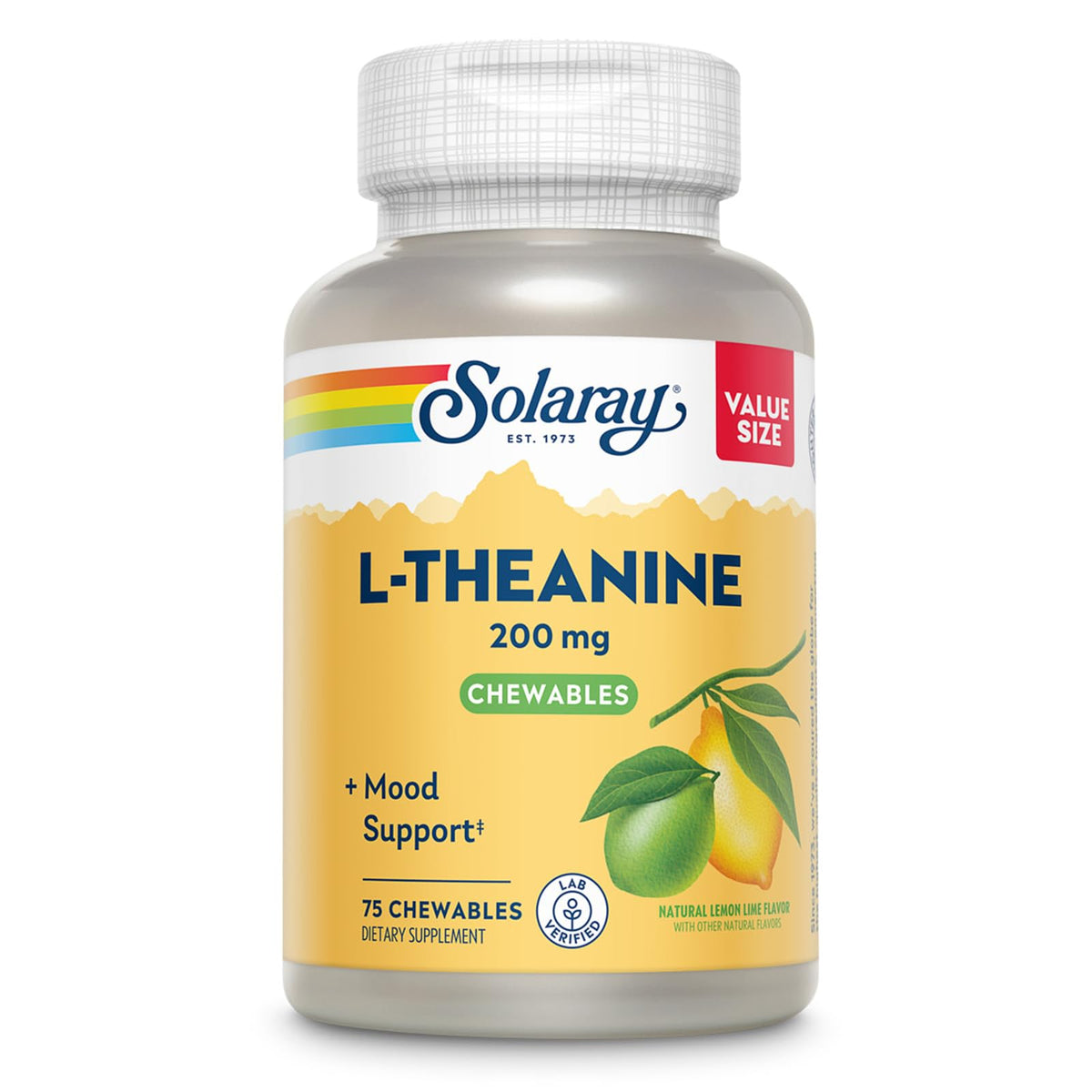 Solaray L-Theanine 200mg chews lemon-lime bottle view; supports mood focus.