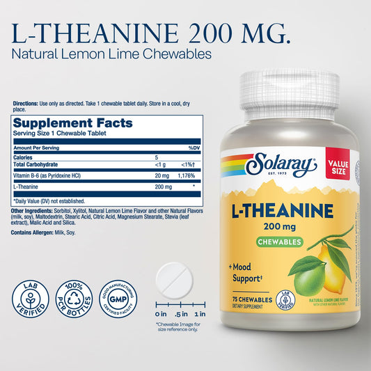 Solaray L-Theanine 200mg chews lemon-lime close-up showing flavor.
