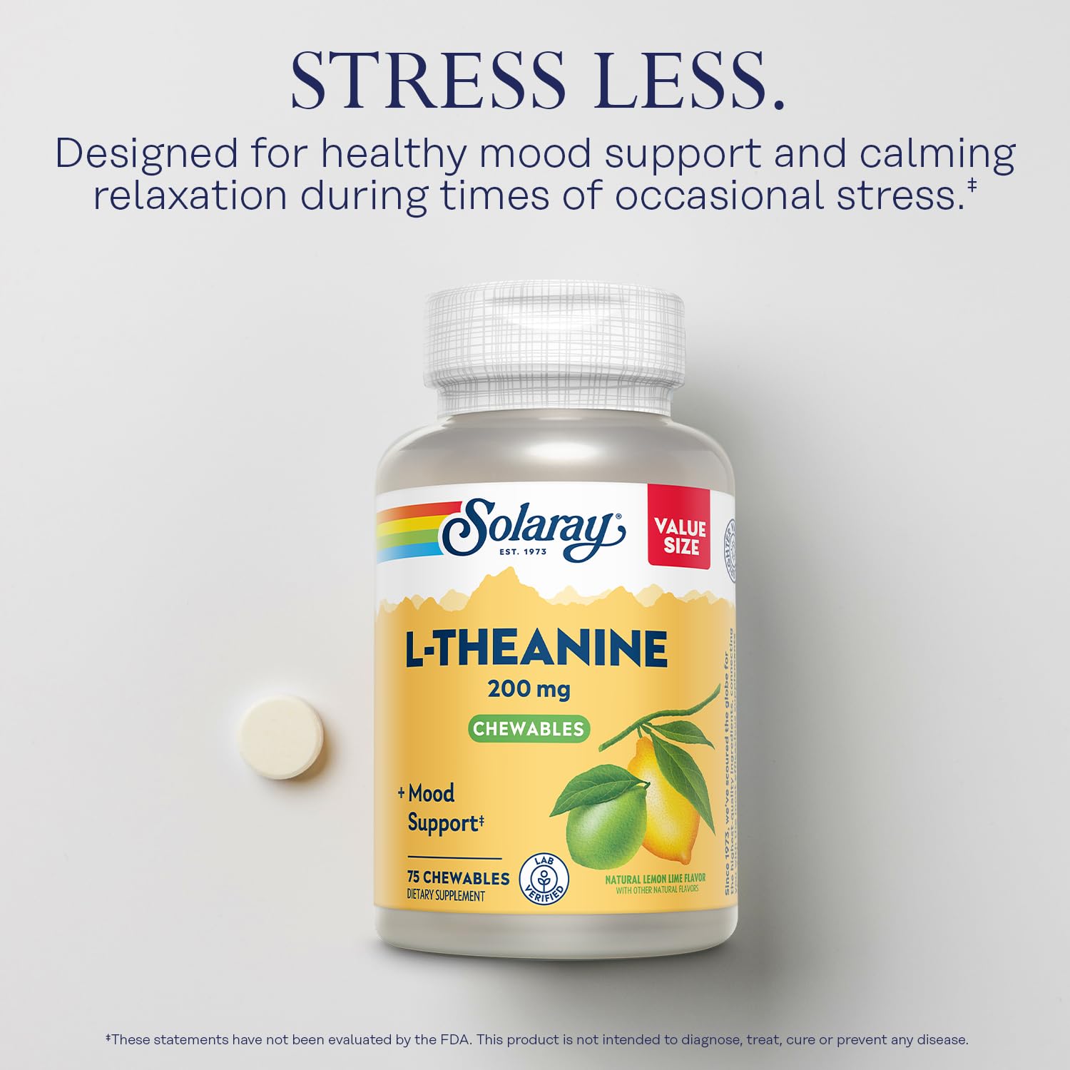 Solaray L-Theanine chews lemon-lime label shows 200mg and lab verification.