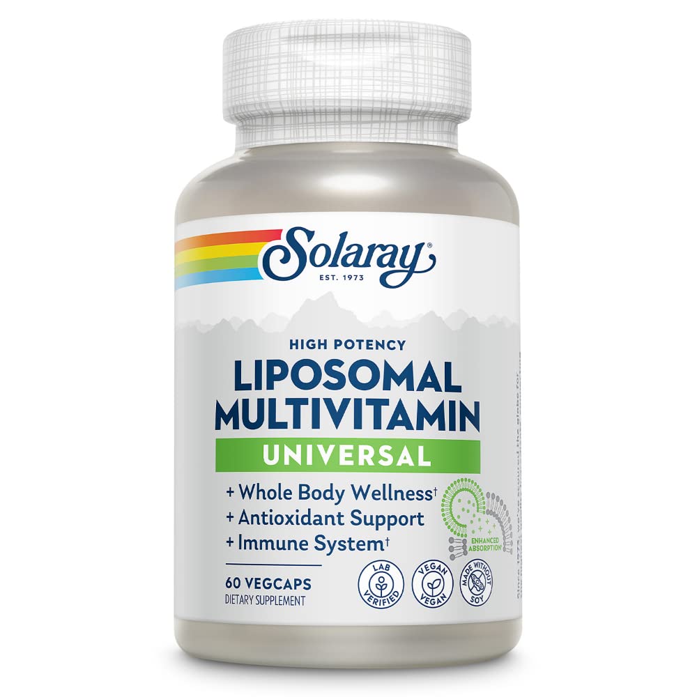 SOLARAY Liposomal Multivitamin bottle showing easy daily dosing and support.