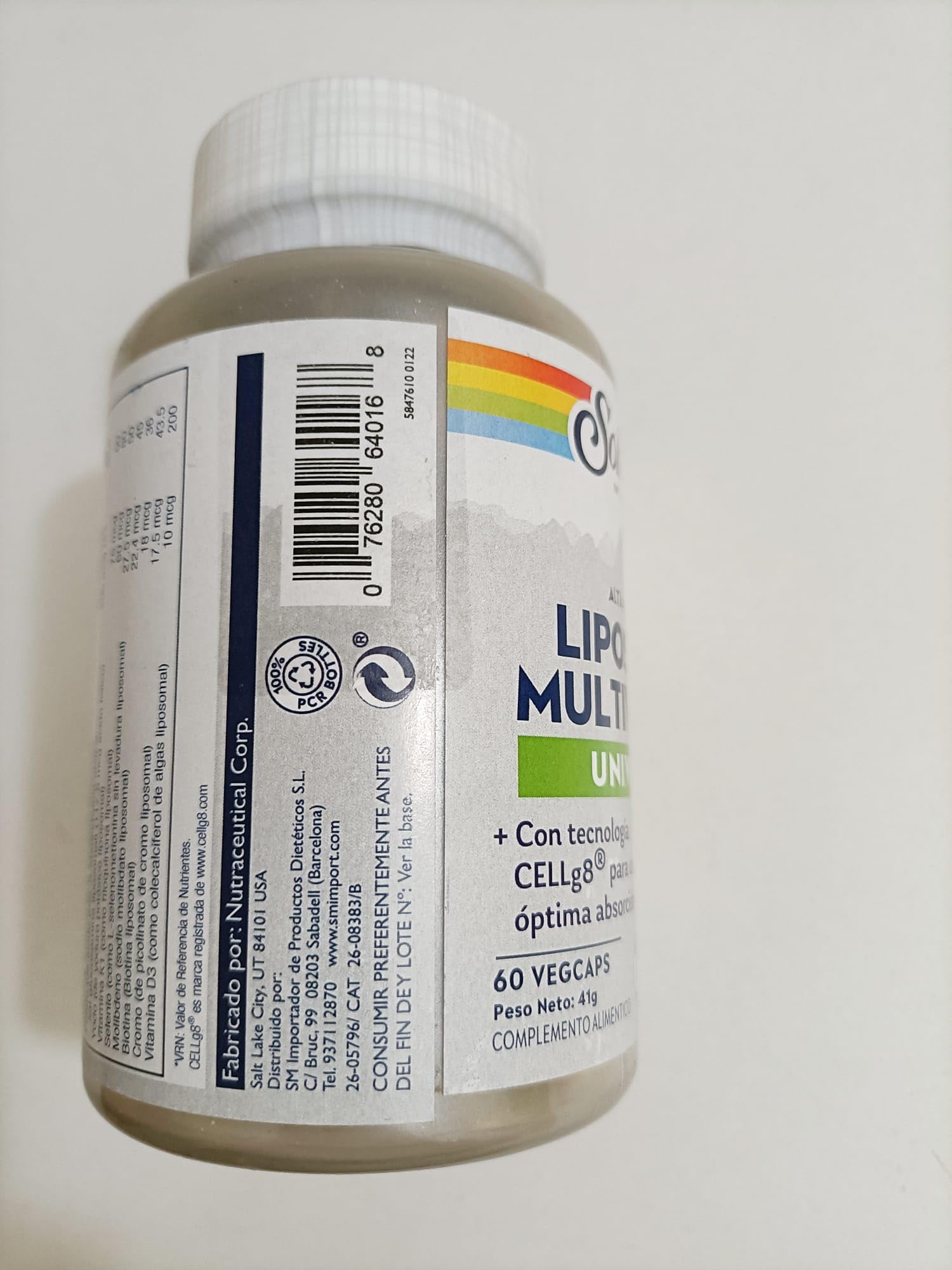 SOLARAY Liposomal Multivitamin eco-packaging emphasizing sustainable bottle materials.