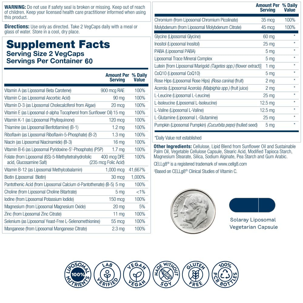 SOLARAY liposomal multivitamin ingredients close-up highlighting vitamins and minerals