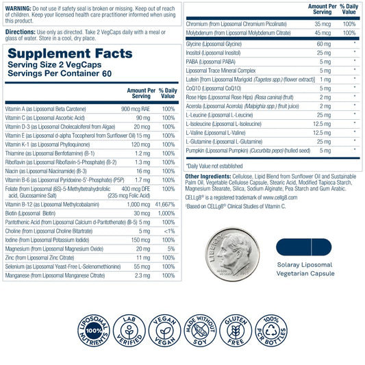 SOLARAY liposomal multivitamin ingredients close-up highlighting vitamins and minerals
