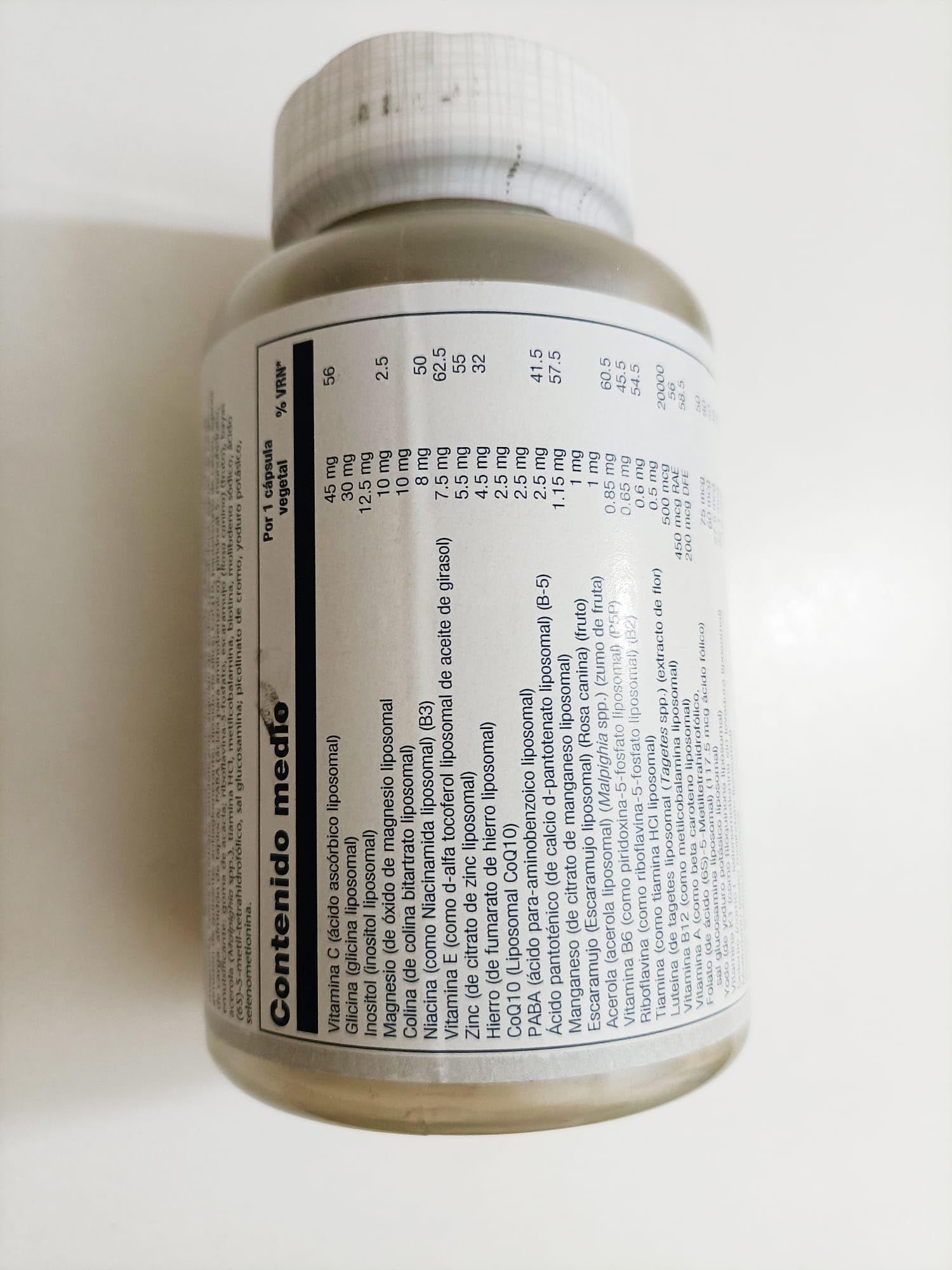 SOLARAY Liposomal Multivitamin label view showcasing key vitamins and potency.