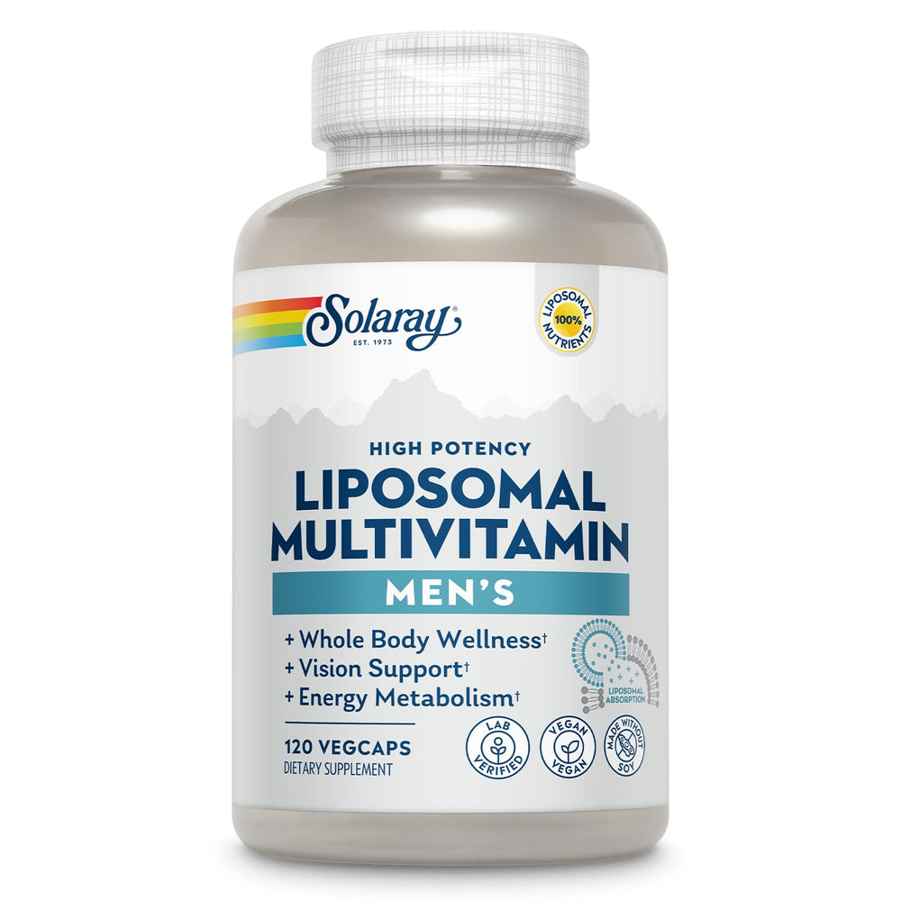 SOLARAY liposomal multivitamin for men bottle front view with easy-to-swallow VegCaps for daily support