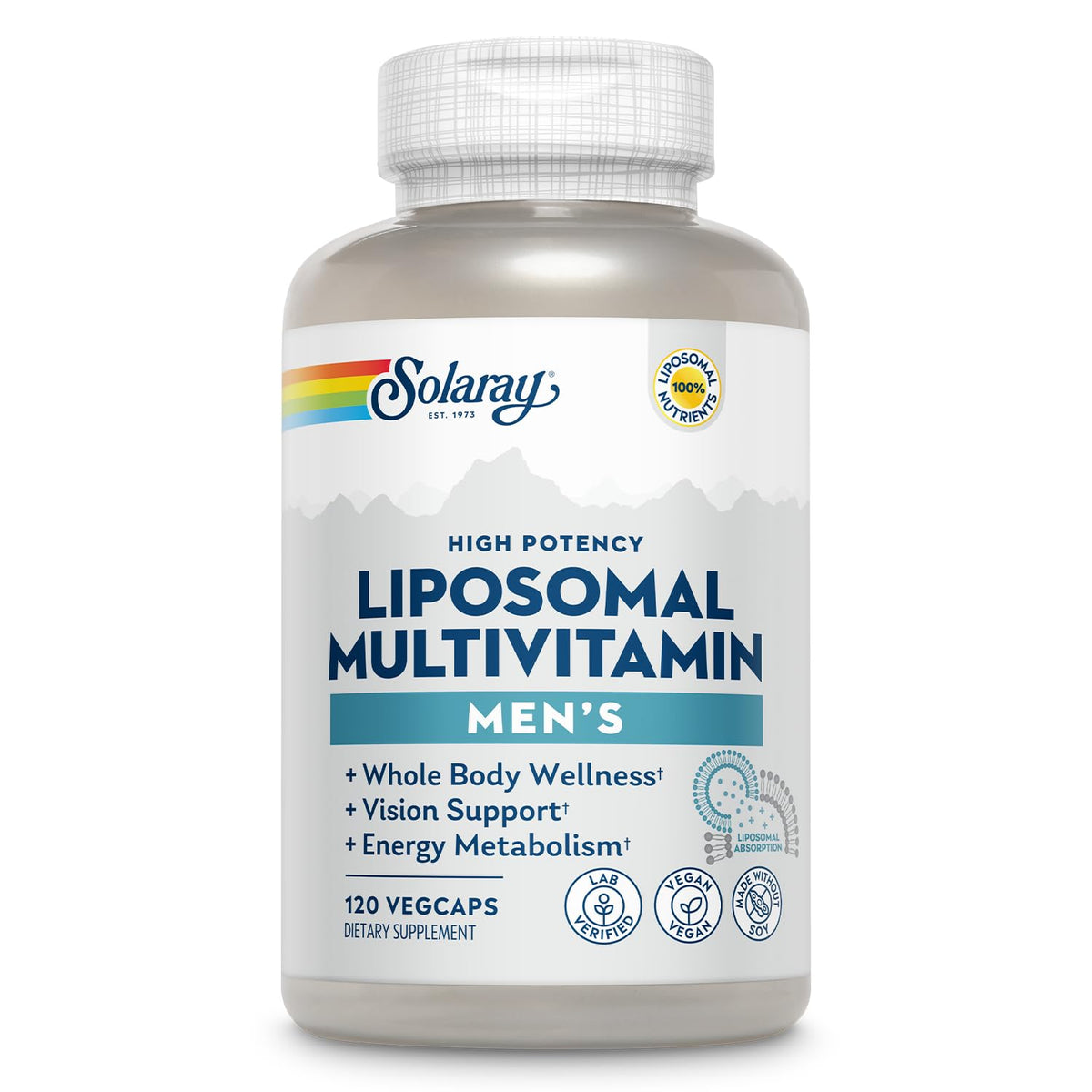 SOLARAY liposomal multivitamin for men bottle front view with easy-to-swallow VegCaps for daily support