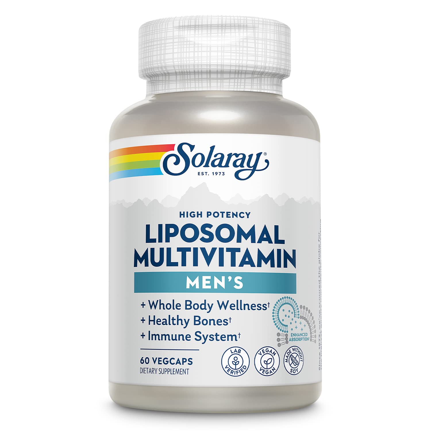 Solaray Liposomal Multivitamin for Men bottle shows enhanced absorption and vegan formula.
