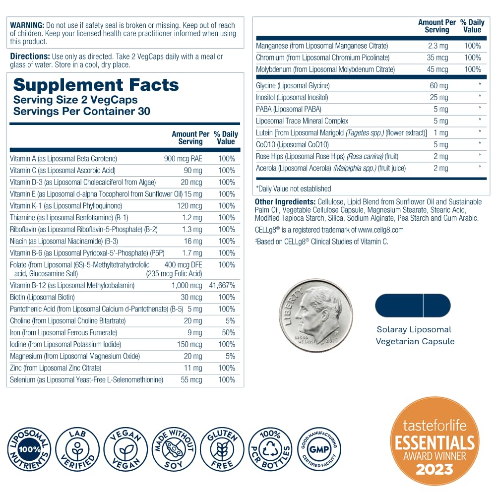SOLARAY Liposomal Multivitamin VegCaps close-up for gentle digestion and absorption.