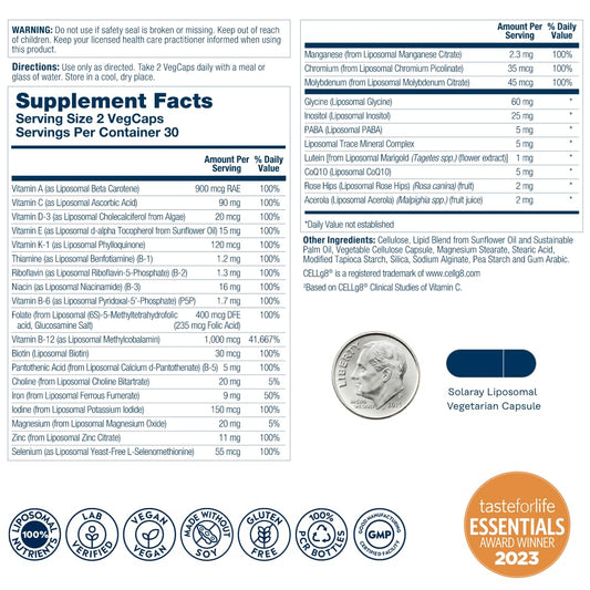 SOLARAY Liposomal Multivitamin VegCaps close-up for gentle digestion and absorption.