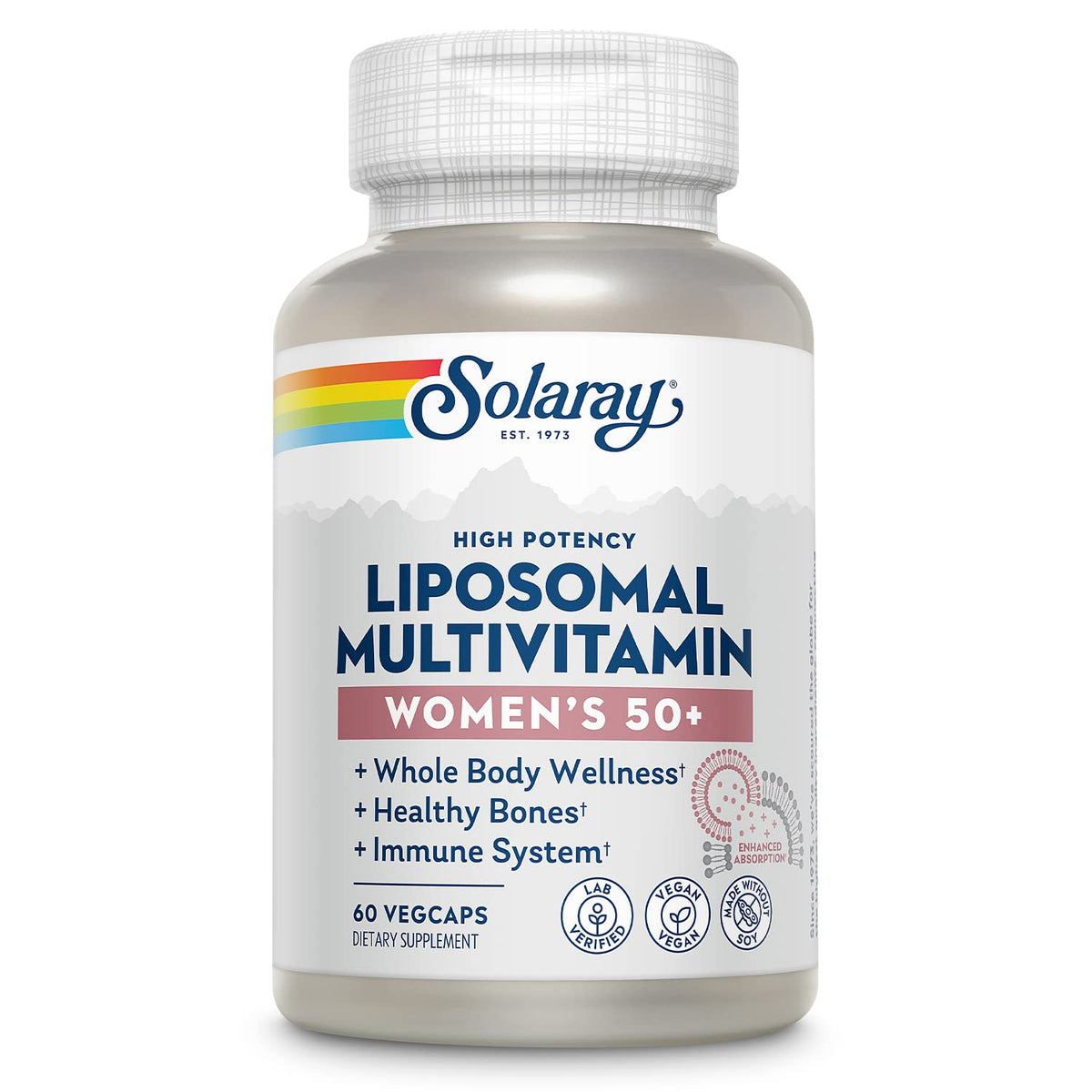 SOLARAY liposomal multivitamin bottle front showing enhanced absorption for daily use