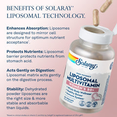 SOLARAY liposomal multivitamin bottle open reveals easy-to-swallow VegCaps