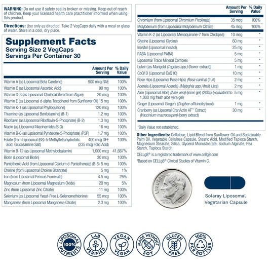 SOLARAY liposomal multivitamin bottle side highlighting 60 vegan capsules for a full month