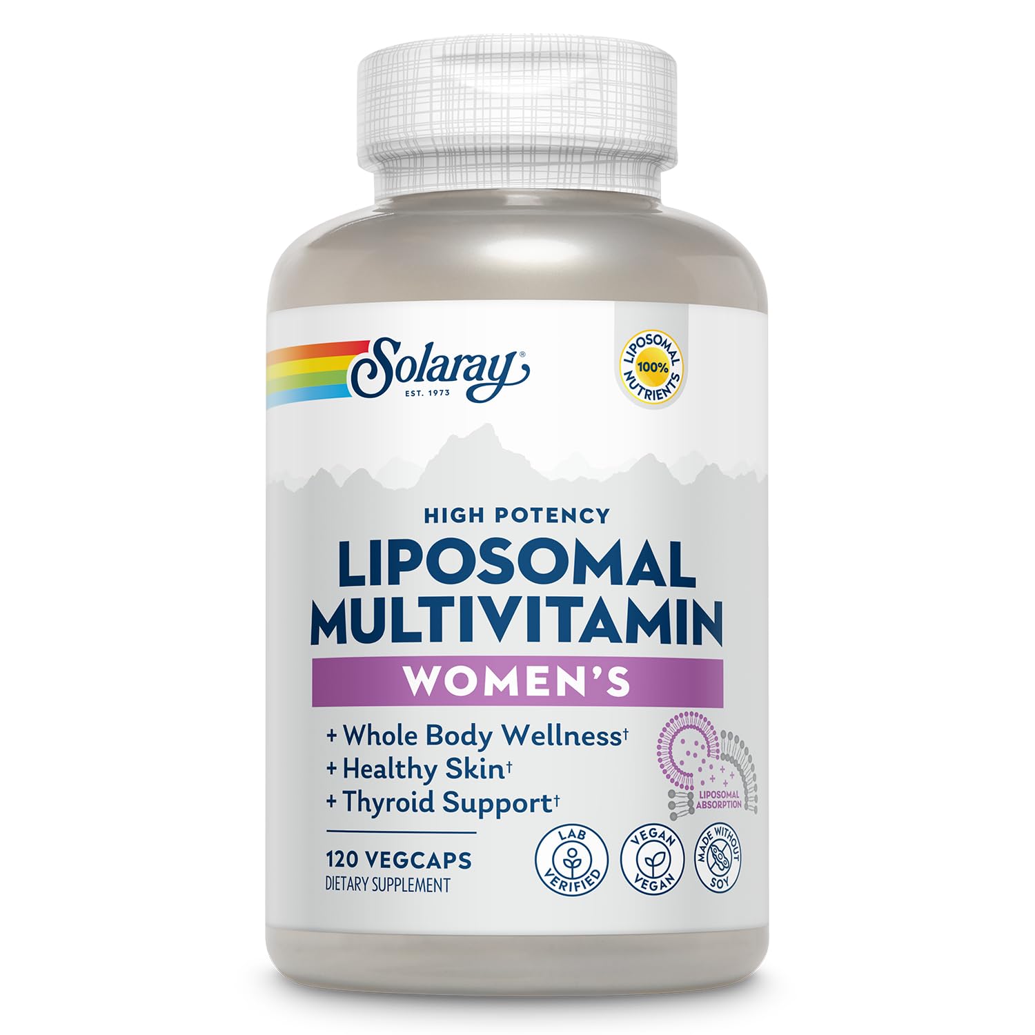 SOLARAY Liposomal Multivitamin for Women bottle front highlighting full nutrient blend for daily wellness.