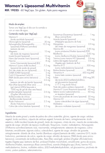 SOLARAY Liposomal Multivitamin for Women bottle label highlighting iron and potency.