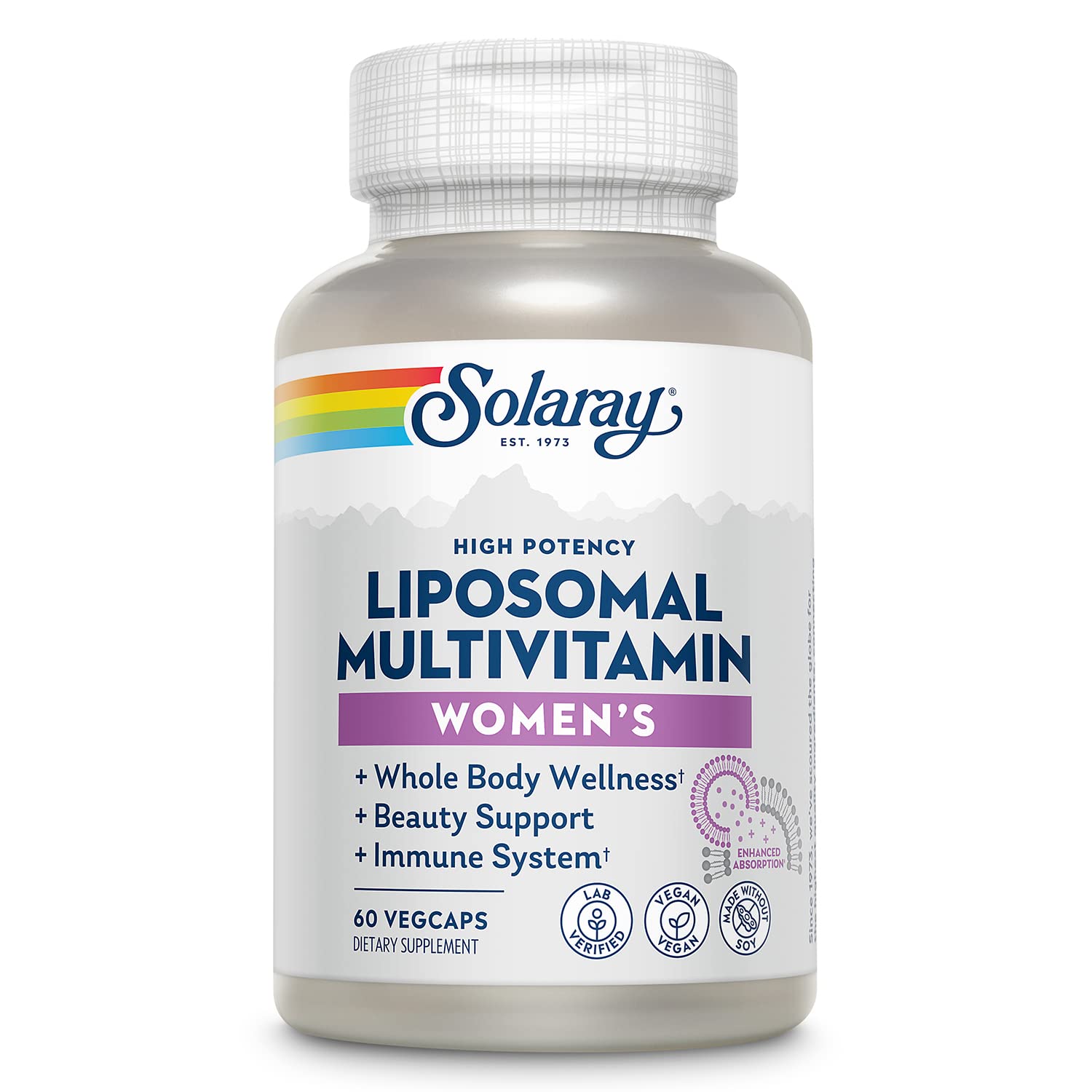 SOLARAY Liposomal Multivitamin for Women bottle supports daily wellness with high-potency nutrients.
