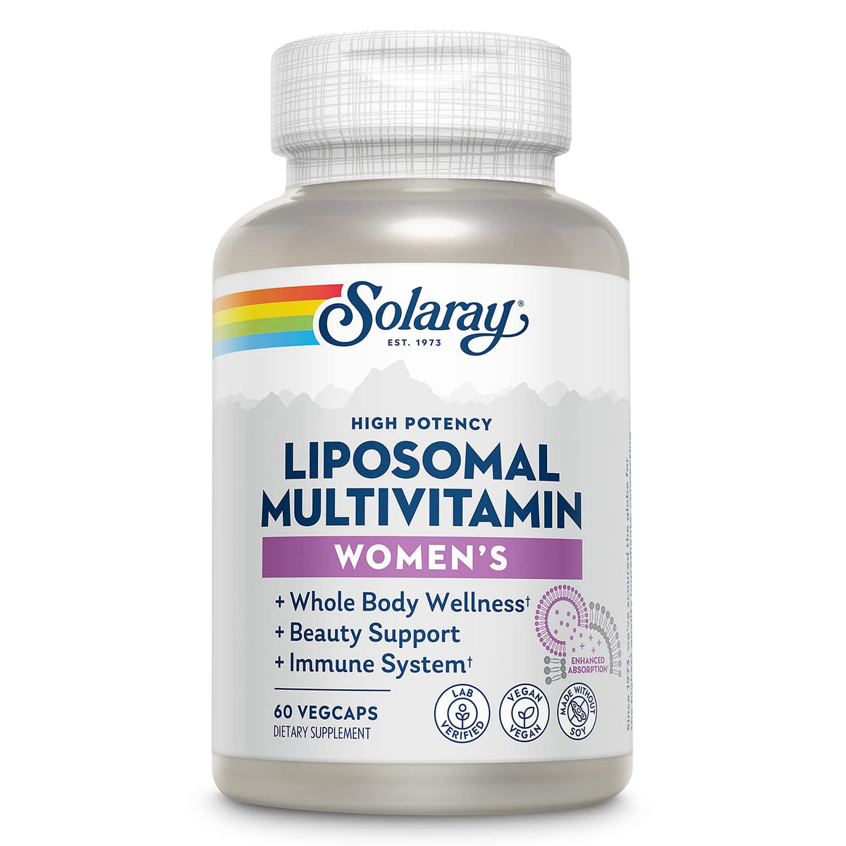 SOLARAY Liposomal Multivitamin for Women bottle supports daily wellness with high-potency nutrients.
