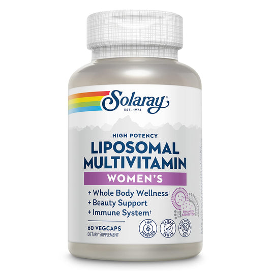 SOLARAY Liposomal Multivitamin for Women bottle supports daily wellness with high-potency nutrients.