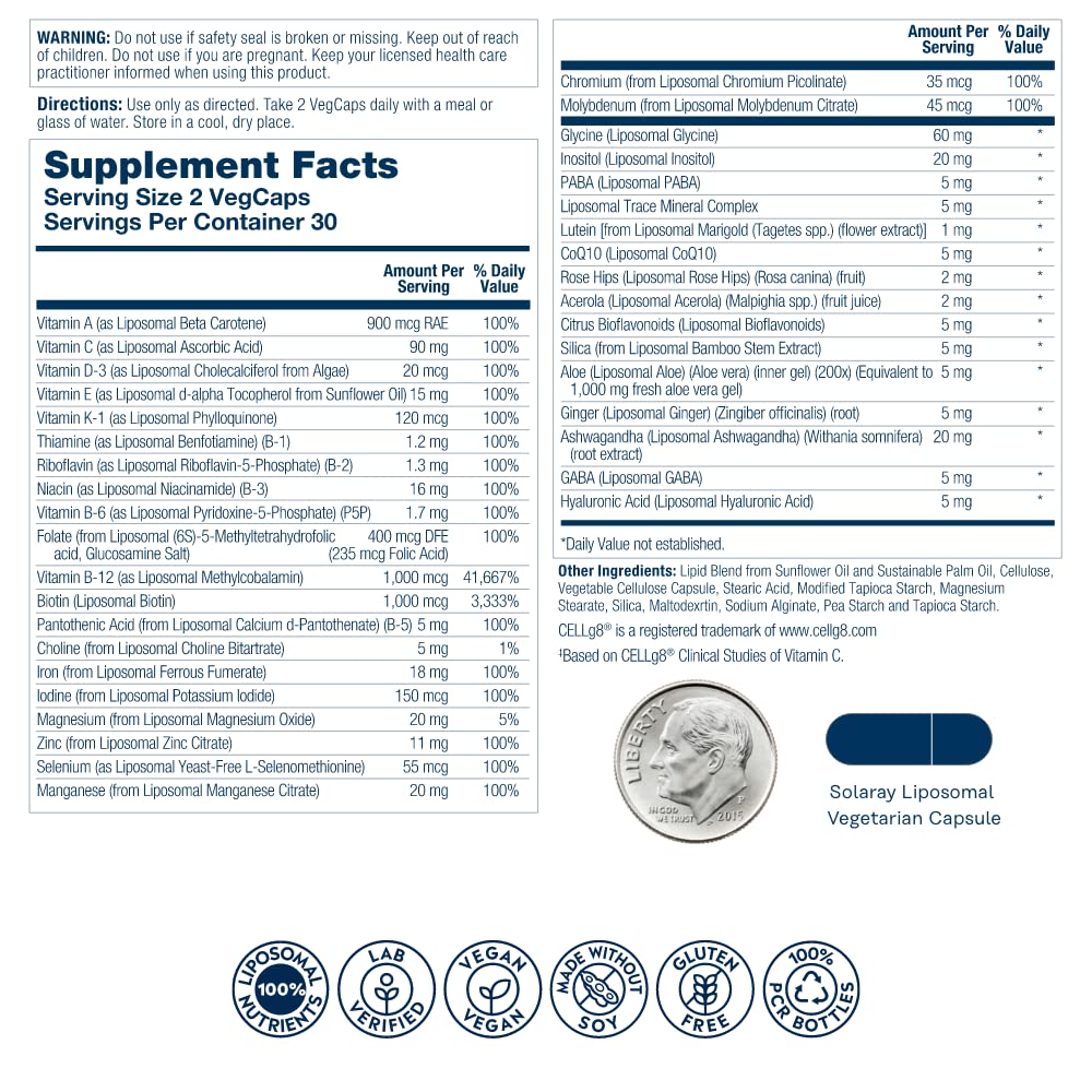 SOLARAY Liposomal Multivitamin for Women capsules illustrate enhanced absorption for efficient nutrient delivery.