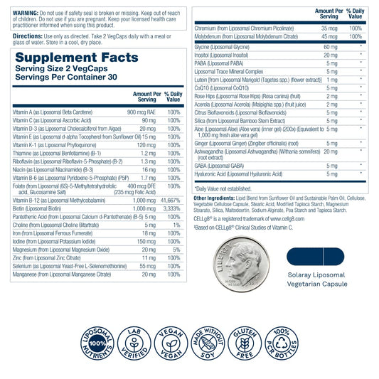 SOLARAY Liposomal Multivitamin for Women capsules illustrate enhanced absorption for efficient nutrient delivery.