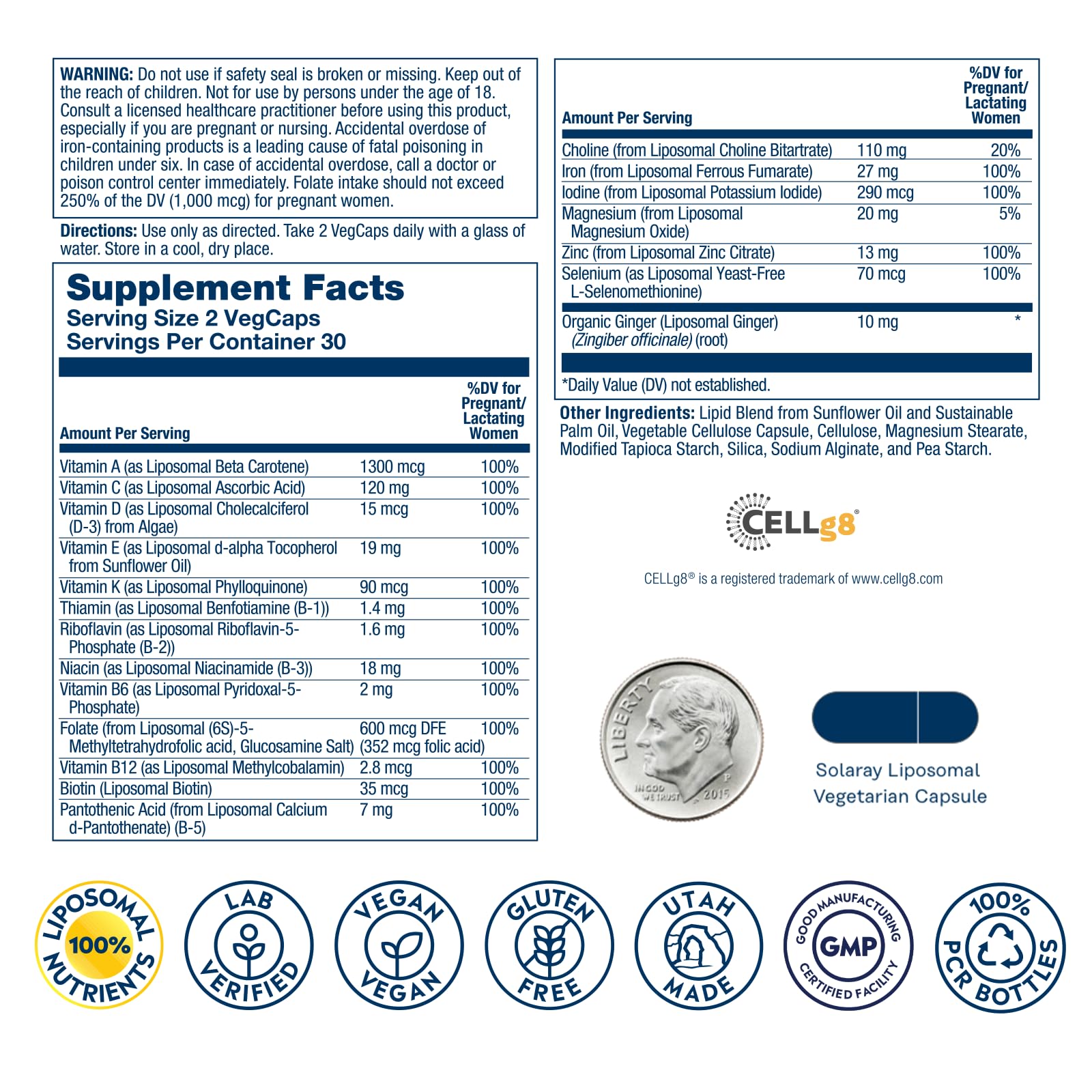 SOLARAY Liposomal Prenatal capsules close-up highlighting vegan, gentle-digestion formula