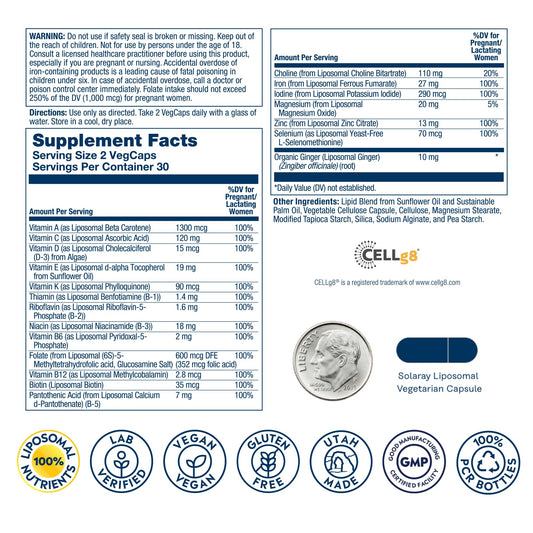 SOLARAY Liposomal Prenatal capsules close-up highlighting vegan, gentle-digestion formula