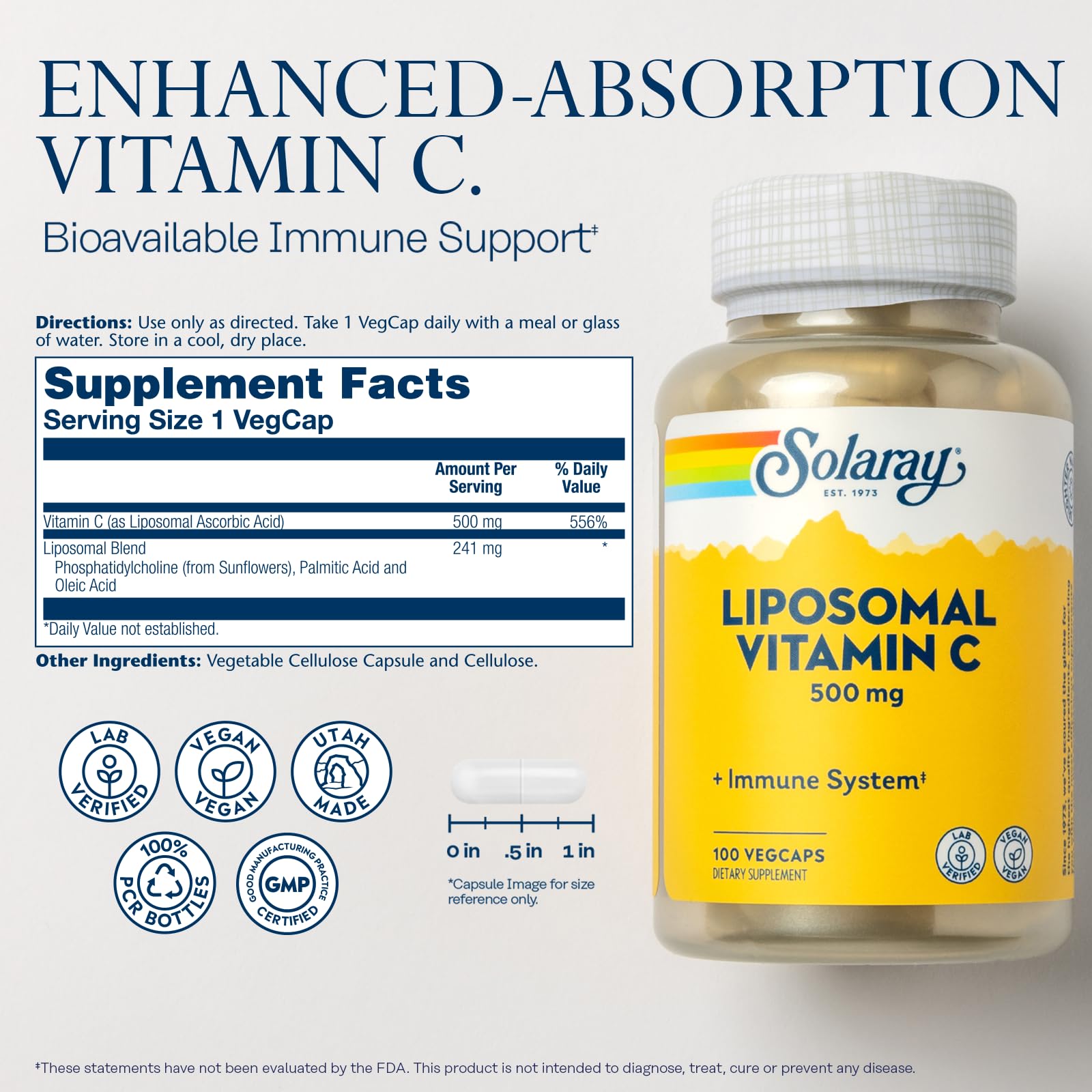 SOLARAY Liposomal Vitamin C 500mg bottle label close-up highlighting vegan formula
