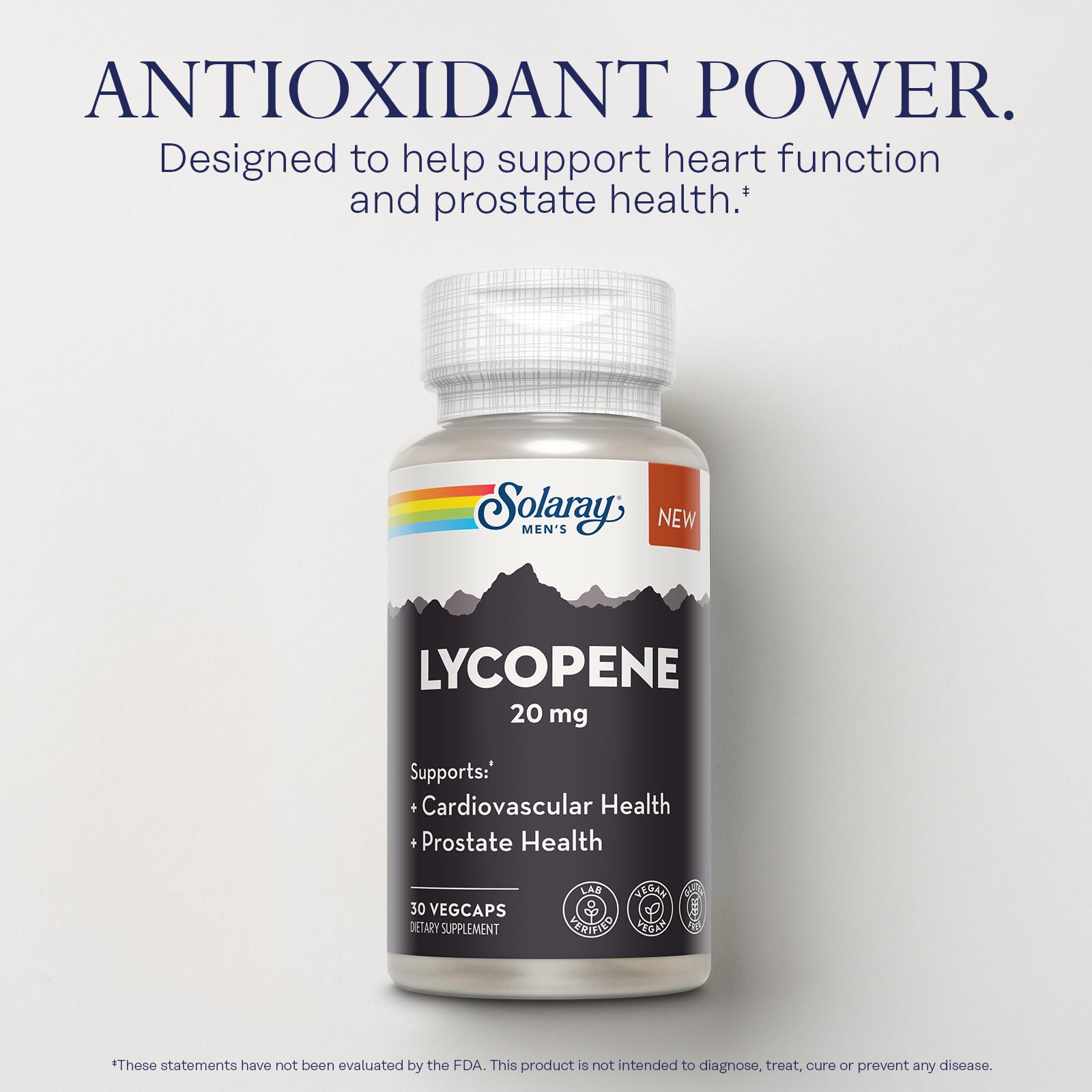 Solaray Lycopene 20mg VegCaps arranged to show vegan gluten-free formulation