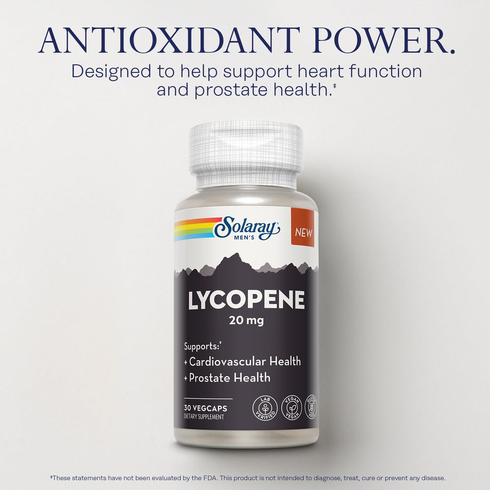 Solaray Lycopene 20mg VegCaps arranged to show vegan gluten-free formulation