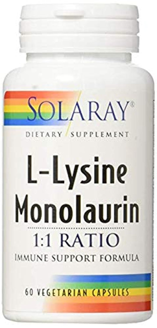 SOLARAY L-Lysine Monolaurin 1:1 bottle close-up, ideal for daily wellness routines