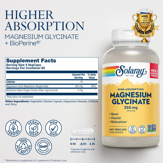 SOLARAY magnesium glycinate bottle pour showing easy daily dosing