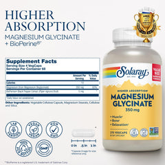 SOLARAY Magnesium Glycinate capsules closeup shows chelated magnesium for nerves and muscles.