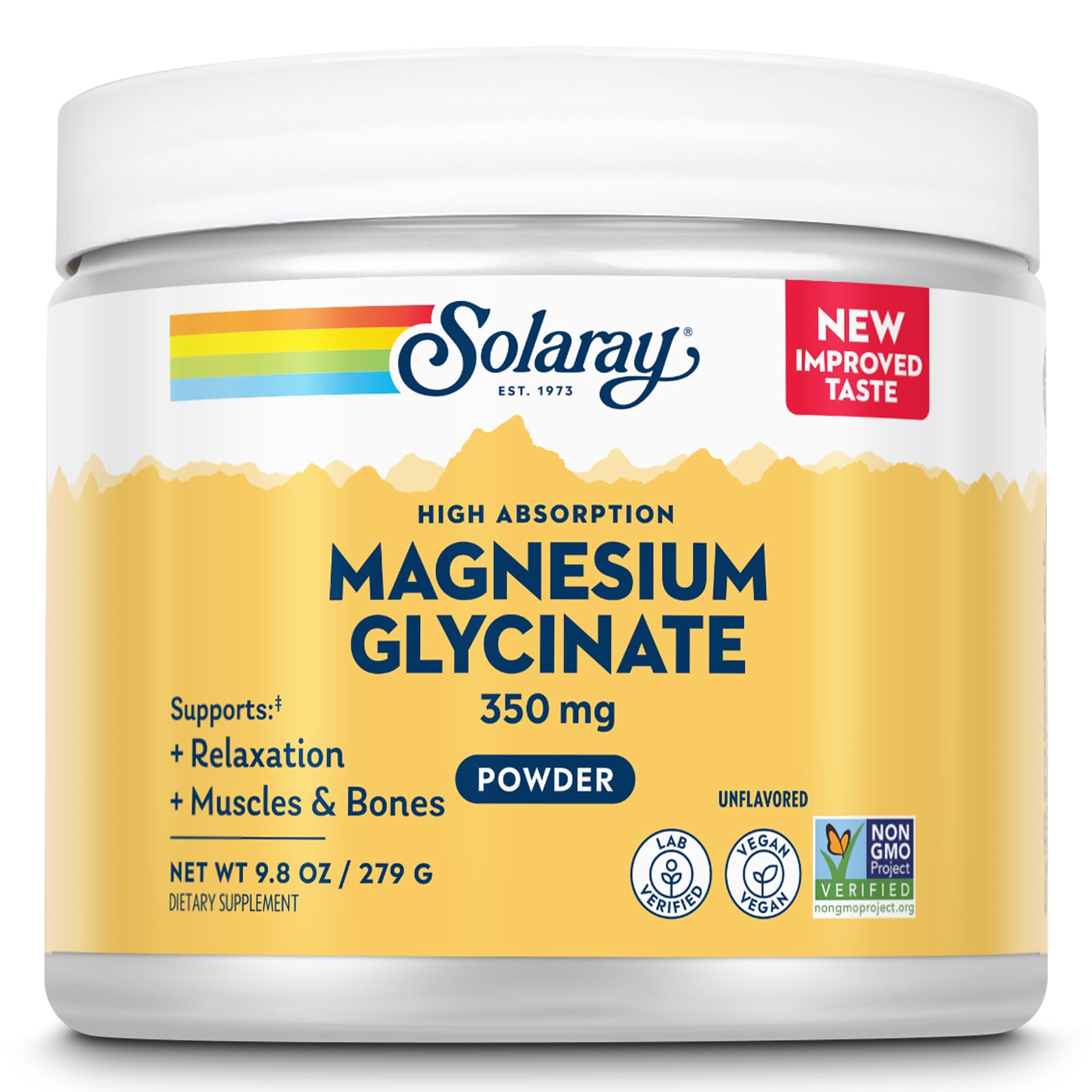SOLARAY Magnesium Glycinate powder bottle supports relaxation and muscle comfort.
