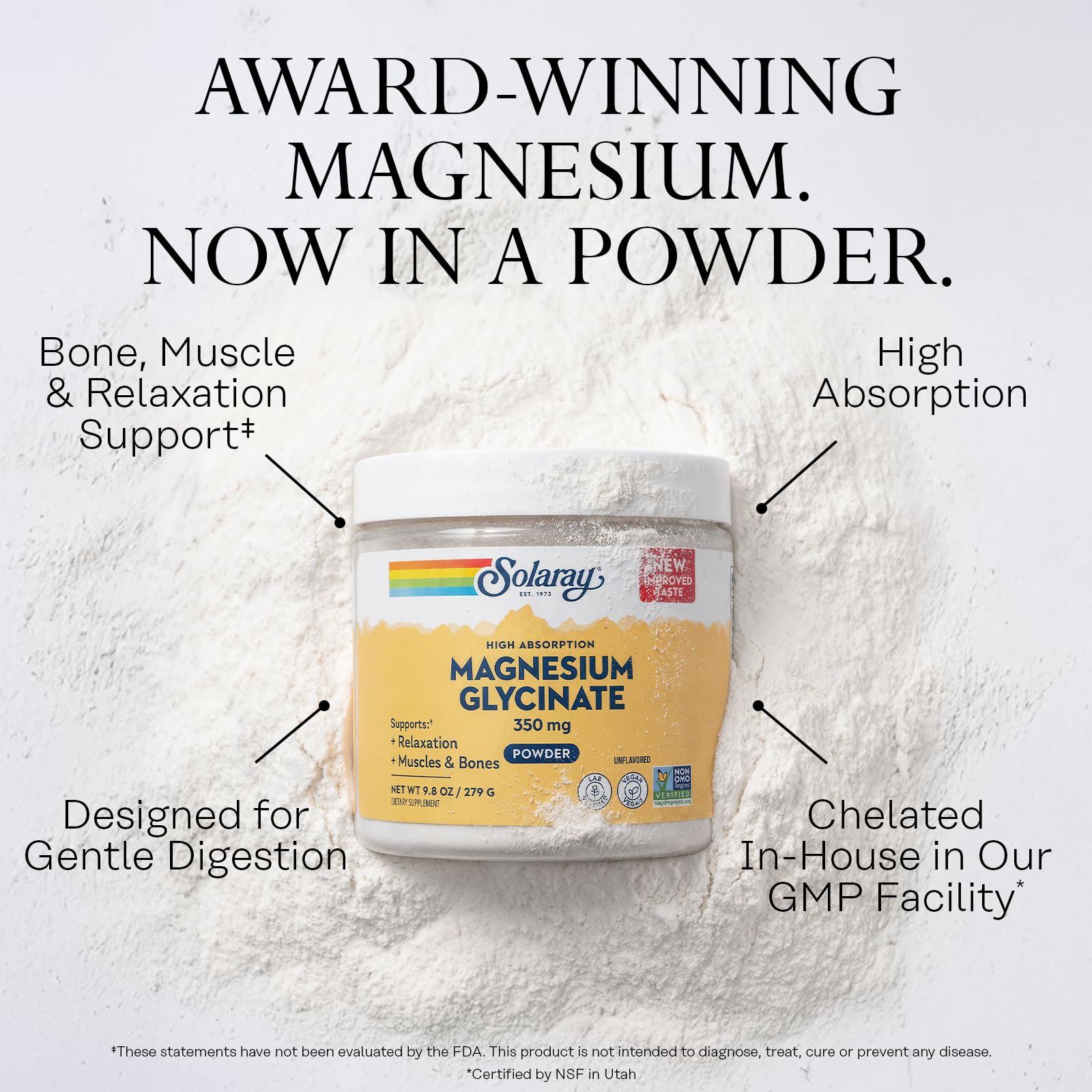 SOLARAY Magnesium Glycinate powder pour into water demonstrates simple mixing.