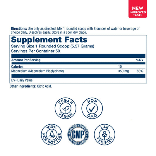 SOLARAY Magnesium Glycinate powder scoop highlights easy daily servings.