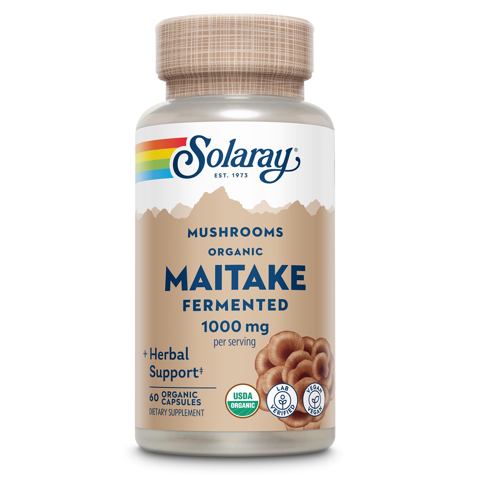SOLARAY maitake organic ferment 1000mg bottle with vegan capsules for daily wellness.